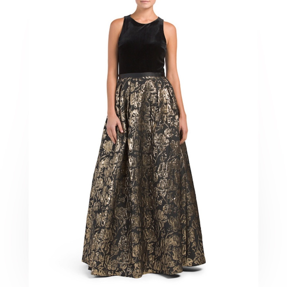 Lotus Threads Velvet Black Gold Jacquard Formal Ball Gown